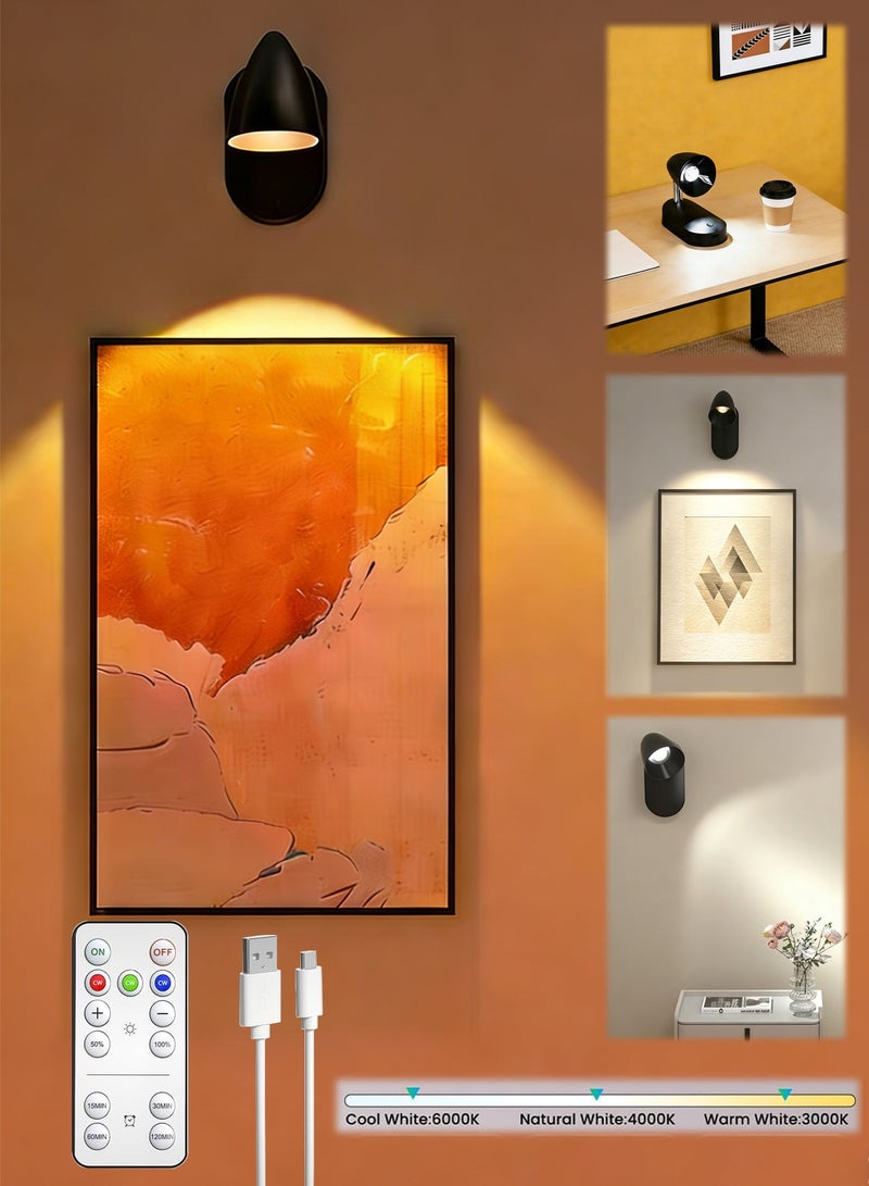 لياوسيسي مصباح جداري مغناطيسي قابل لإعادة الشحن LED للقراءة مع تركيب على الجدار، ضوء للمكياج قابل للدوران، 3 ألوان قابلة للتعتيم، ضوء داخلي يعمل بالبطارية، إضاءة تسليط لاسلكية مع مؤقت لغرفة النوم بجانب السرير، غرفة المعيشة، النباتات والأعمال الفنية - اللون الأسود - Image 1